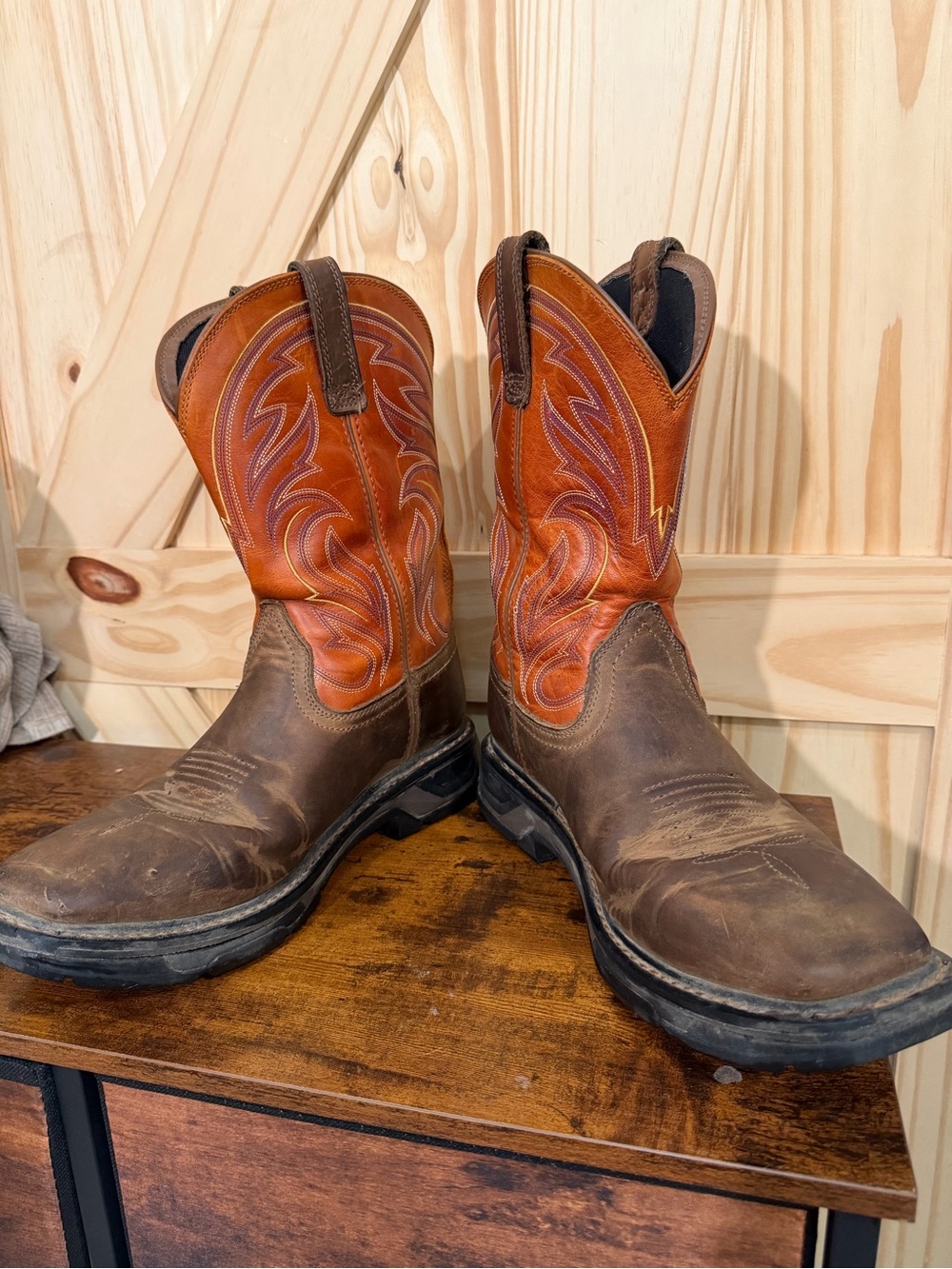 Ariat Brown and Orange Leather Western Work Boots
